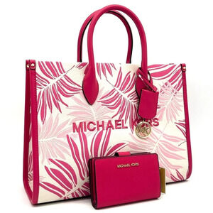Michael Kors Medium Mirella Tote Bag & Medium Bifold Zip Chain Wallet Pink/Gold
